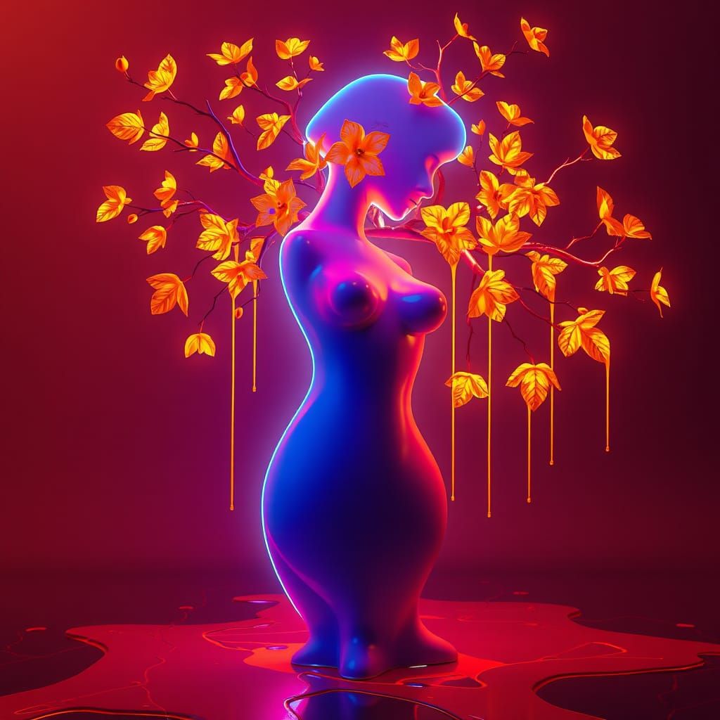 Neon Floral Figure in Surreal 3D Landscape