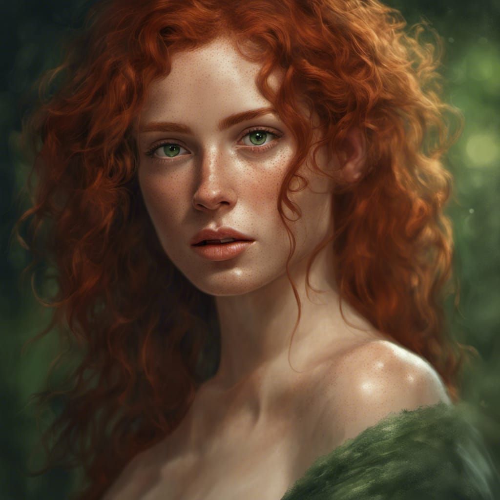 Freckled Woman Portrait with Curly Red Hair