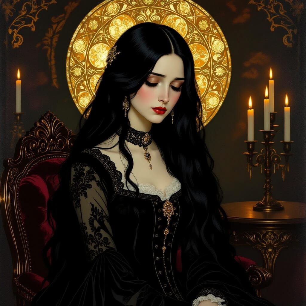 Sorrowful Woman in Art Nouveau Style with Gold Leaf