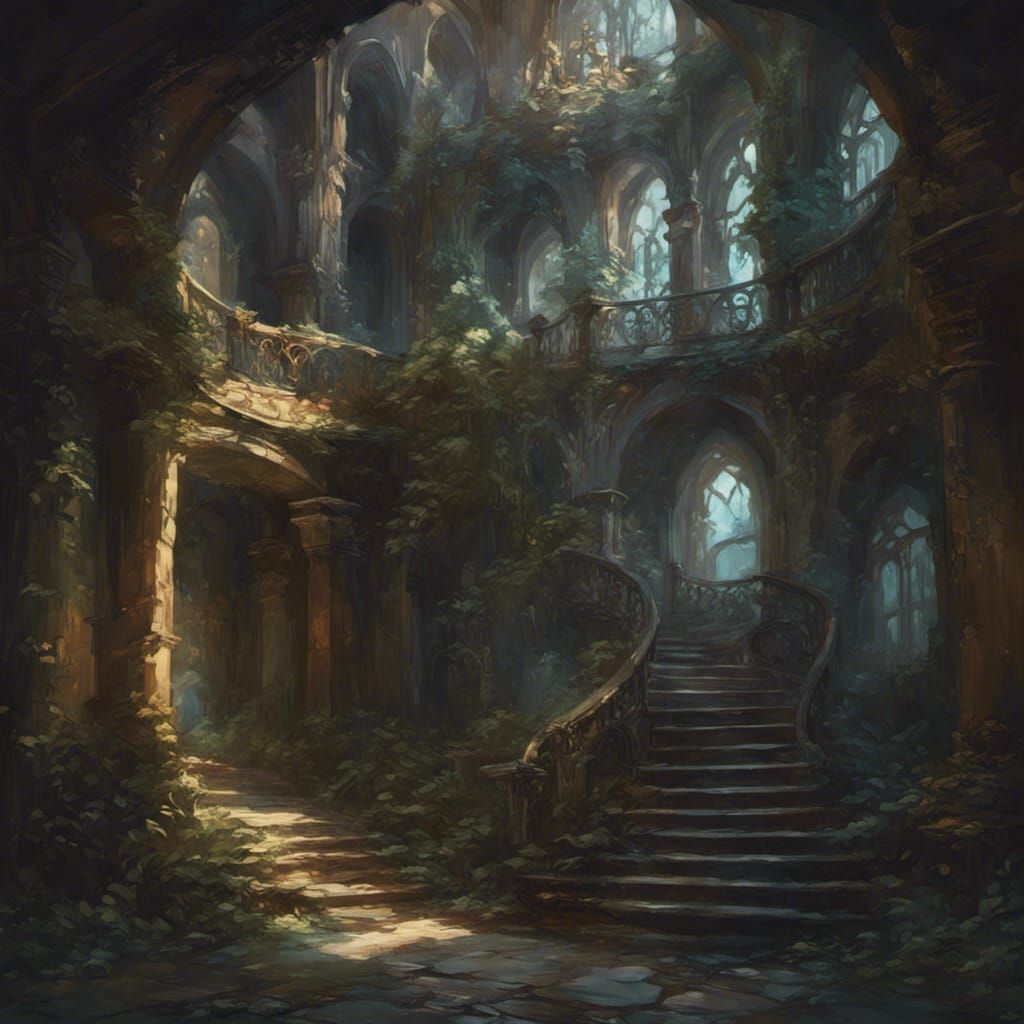 Mystical Overgrown Tower Interior in Dark Fantasy Art