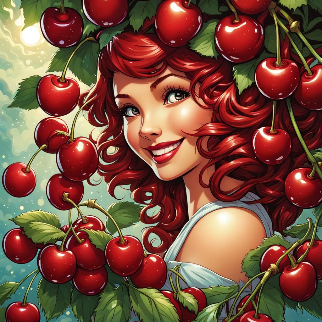 Cherries and Girl in Comic Book Art Style