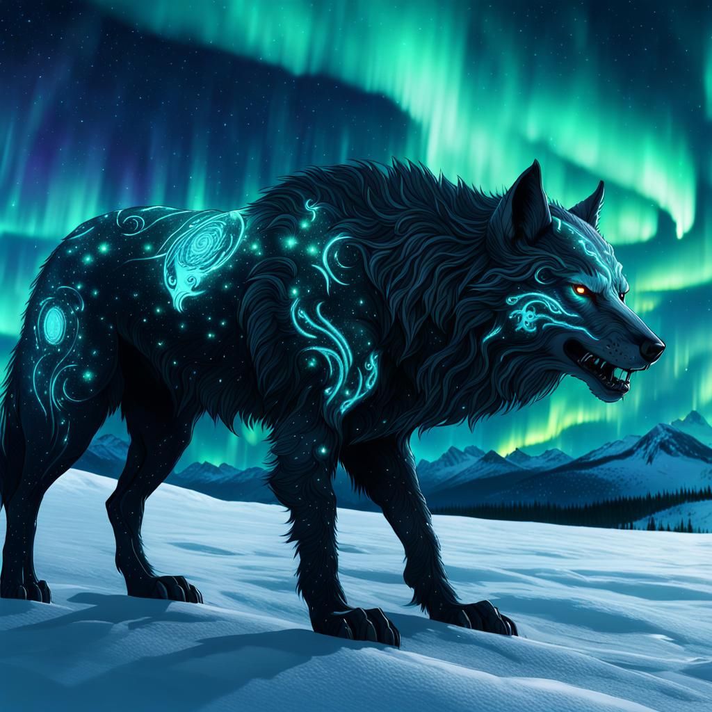 Celestial Demon Wolf in Snowy Aurora Landscape