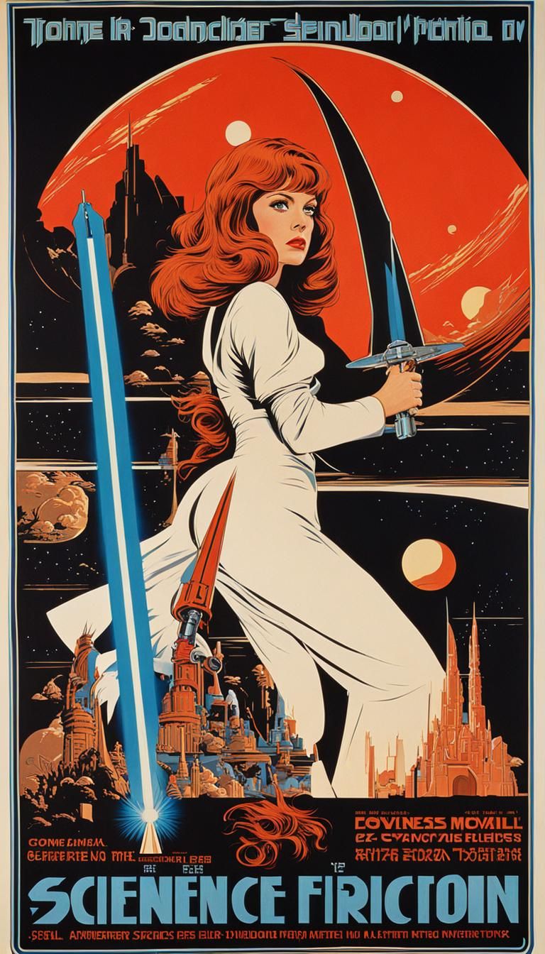 Vintage Sci-Fi Movie Poster of Girl with Laser Sword