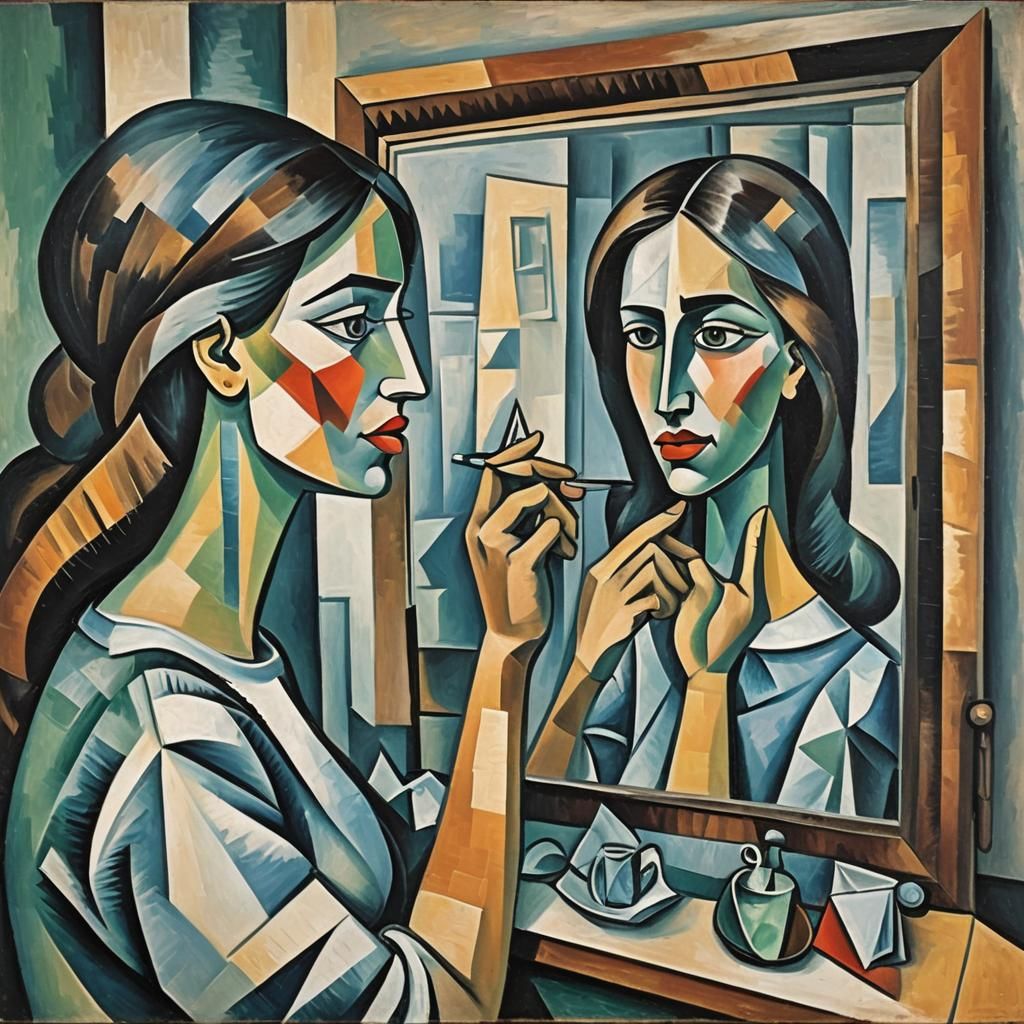 Woman Gazing in Mirror, Cubism Style Oil Painting