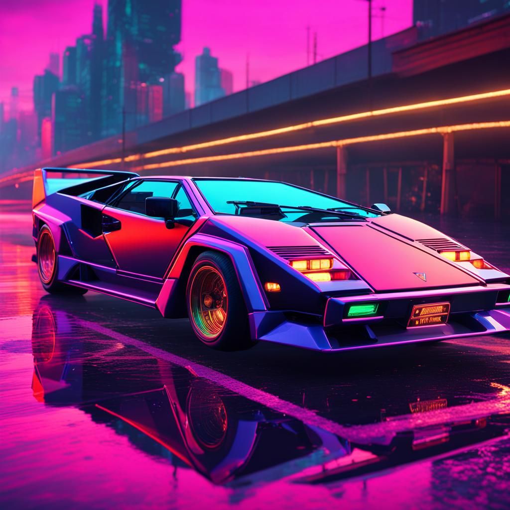 Vaporwave Lamborghini Countach on Neon Bridge