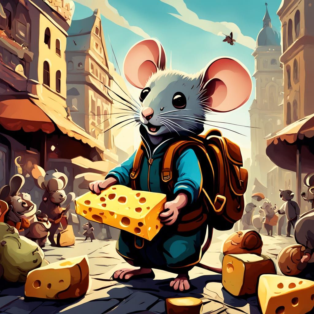 Mischievous Mouse Adventurer Steals Cheese at Market