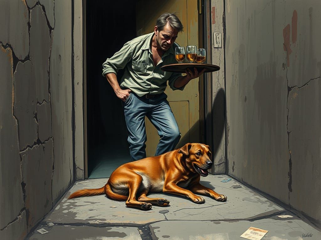Disheveled Man Trips Over Matted Dog in a Dimly Lit Alleyway