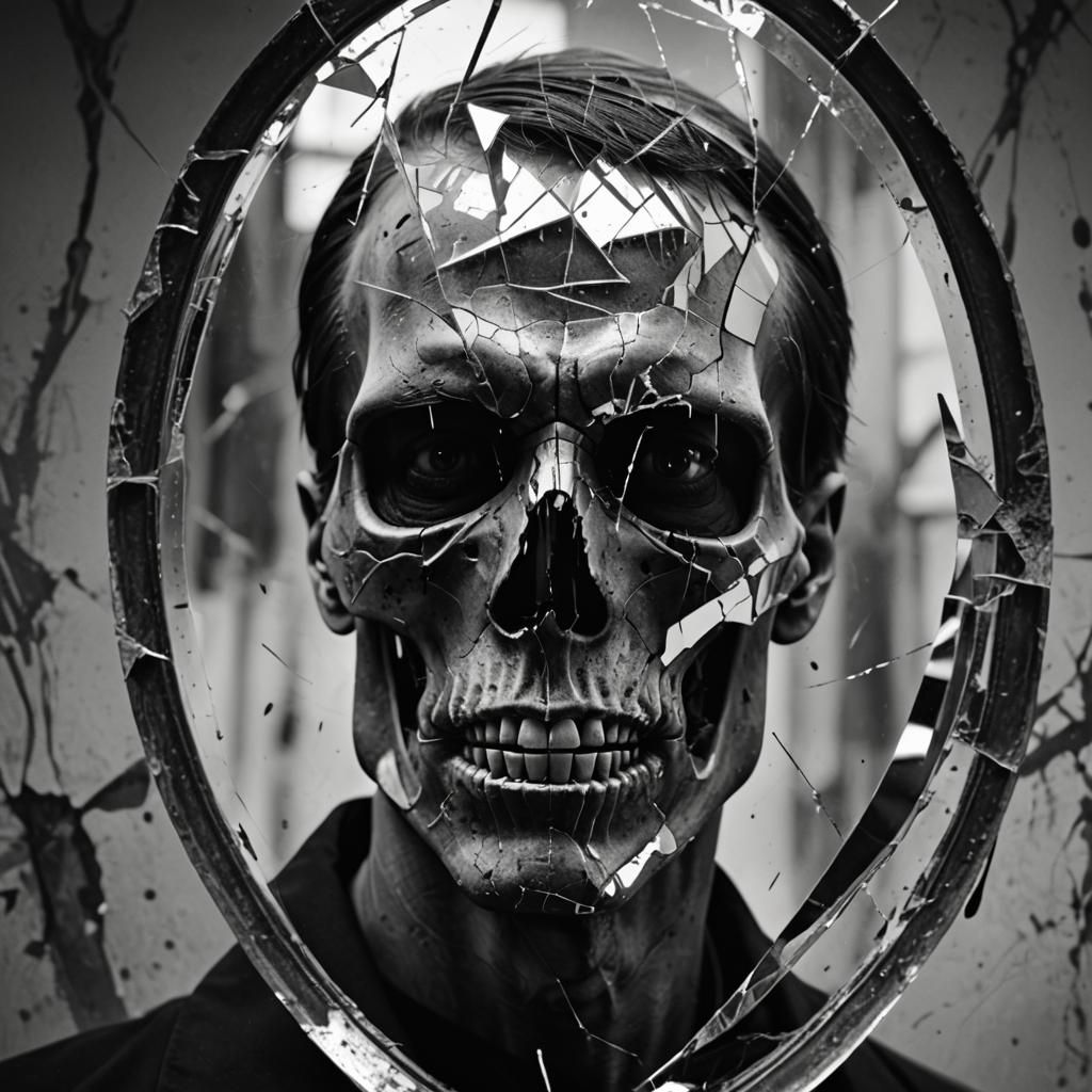 Grim Reaper Trapped in Shattered Mirror, Surreal Portrait