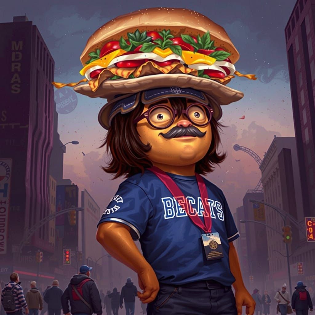 Surreal 1970's Gym Coach with Sandwich in Times Square