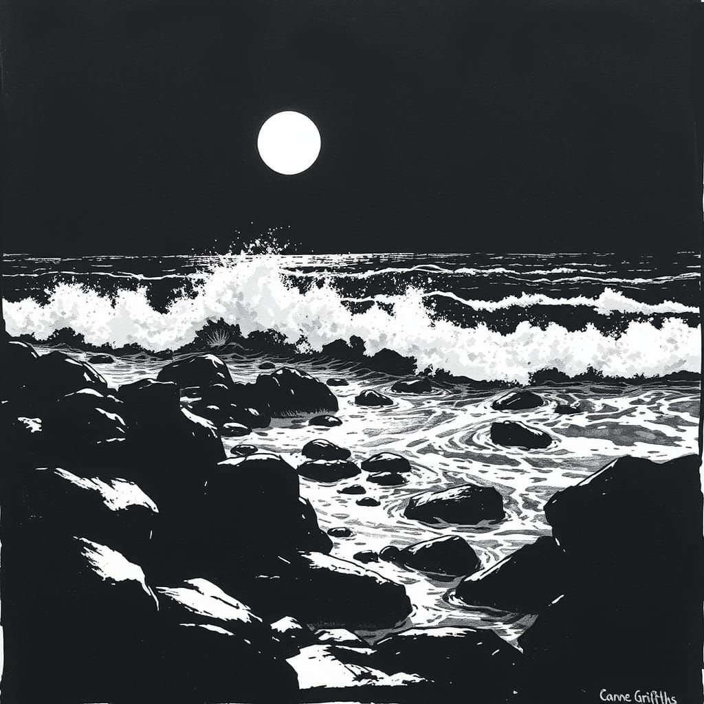 Moonlit Beach at Night in Dark Monochromatic Ink