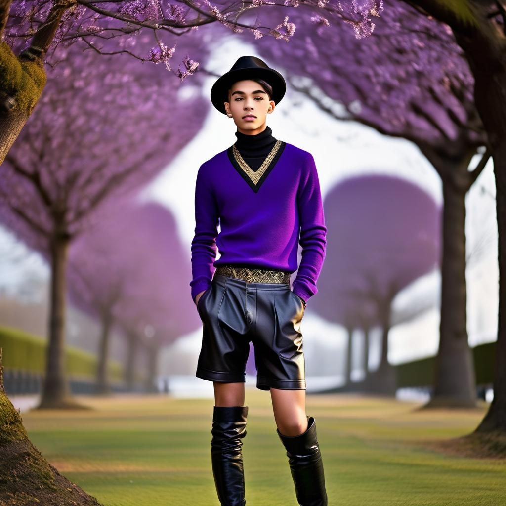 Eccentric Elegance in Purple: purple high-necked jumper with black and gold patterns, leather shorts, classic bowler hat