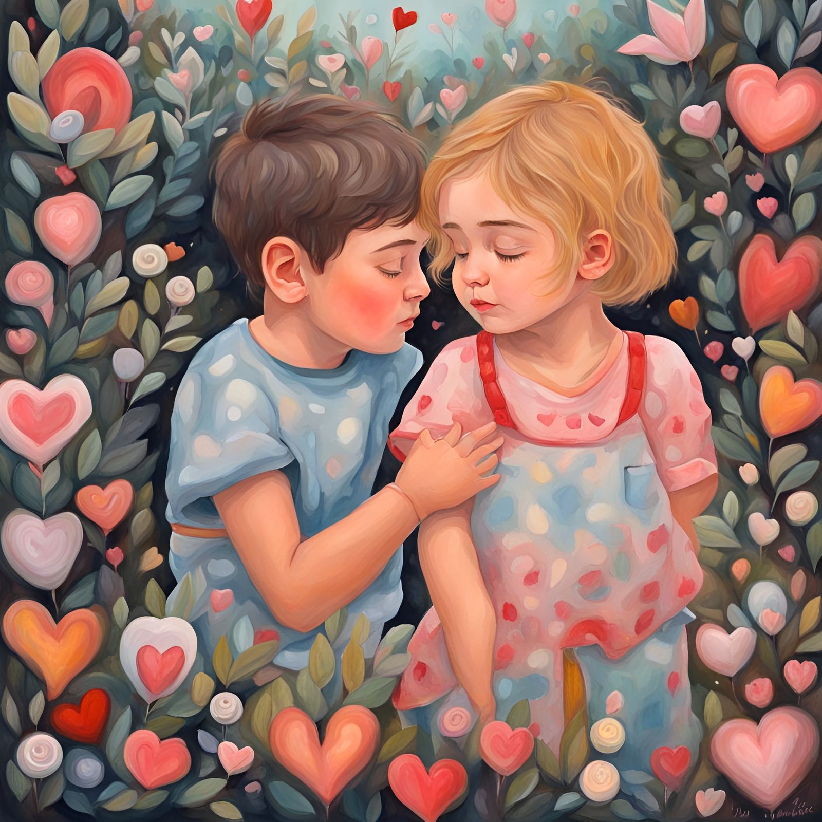 Childhood Dream: Boy and Girl in Gouache