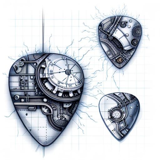 Futuristic Steampunk Guitar Pick Blueprint Concept