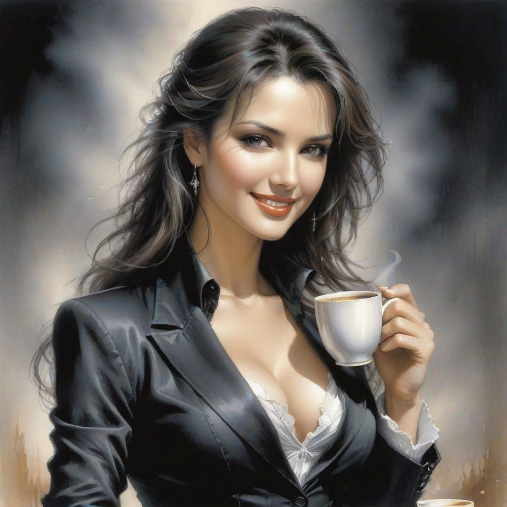 Sensual Brunette's Coffee Delight: Dark Fantasy Art