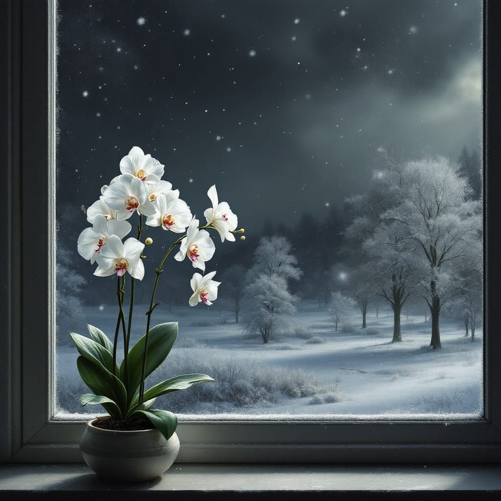 Serene Winter Scene with White Orchid and Snowy Trees in Imp...
