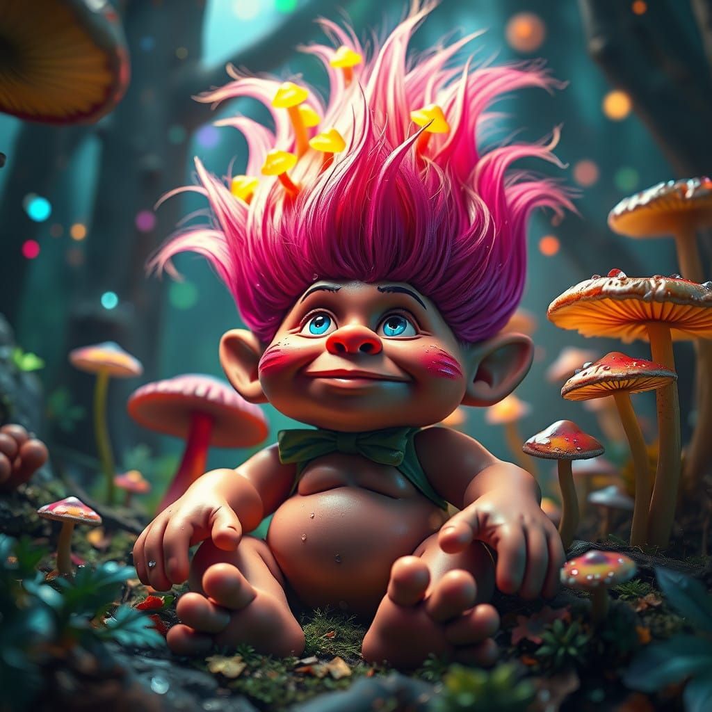 Glowing Mushroom Troll in Dreamlike Landscape