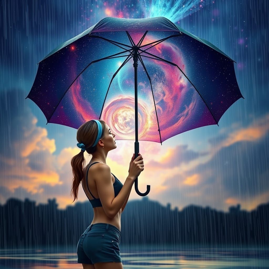 Woman's Umbrella Reveals Galaxy, Dreamlike Digital Art