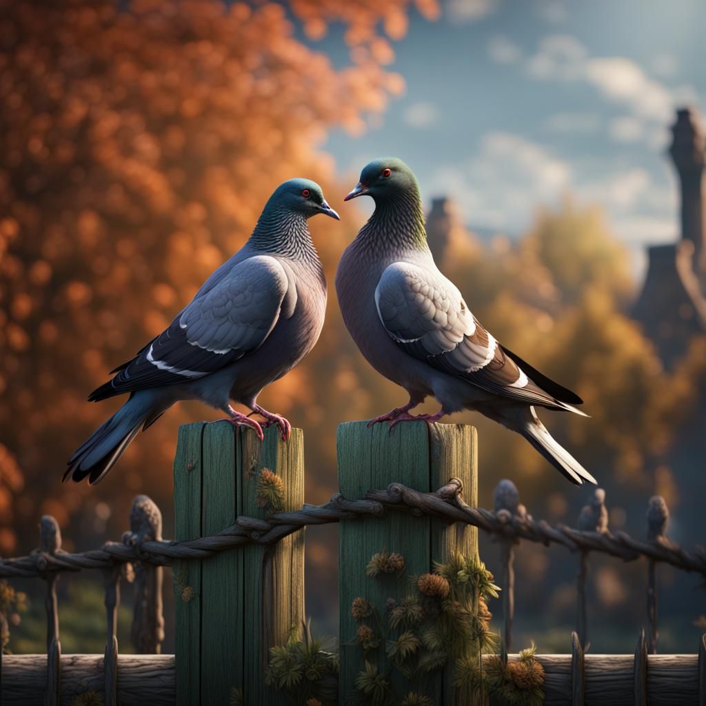 Pigeons Kissing in Detailed Matte Painting