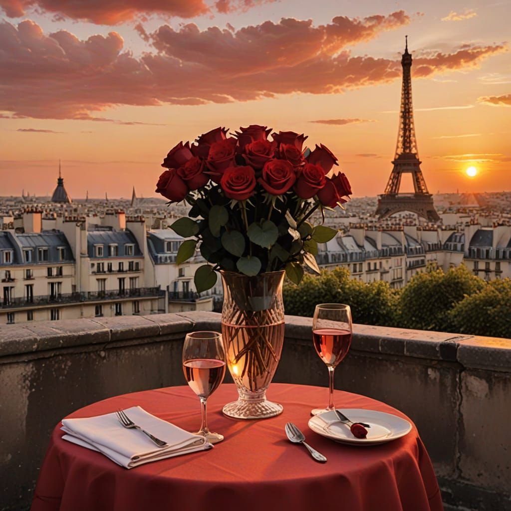 Romantic Paris Sunset with Red Roses in Elegant Warm Light