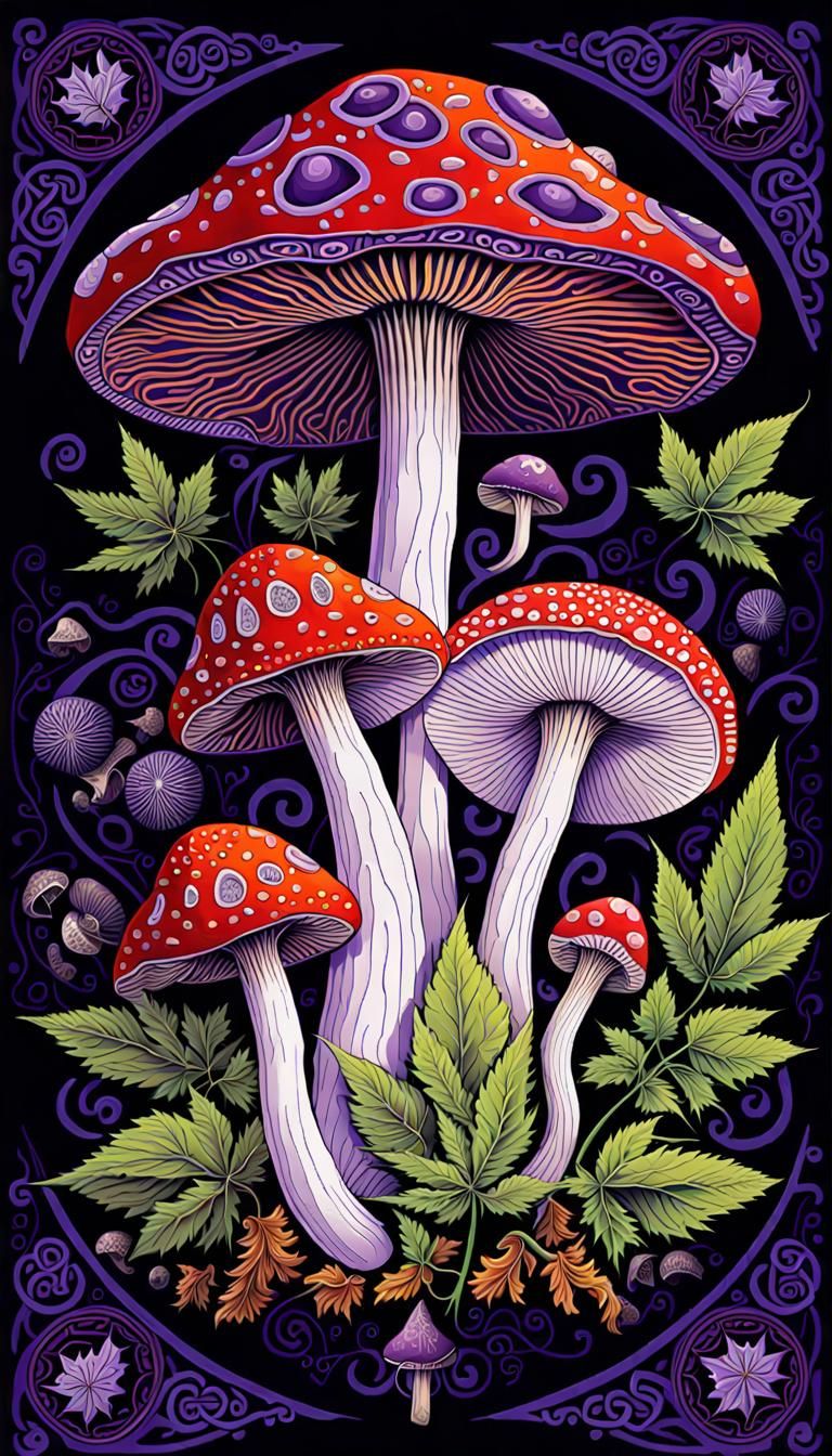 Detailed Mushroom Painting in Celtic Art Nouveau Style