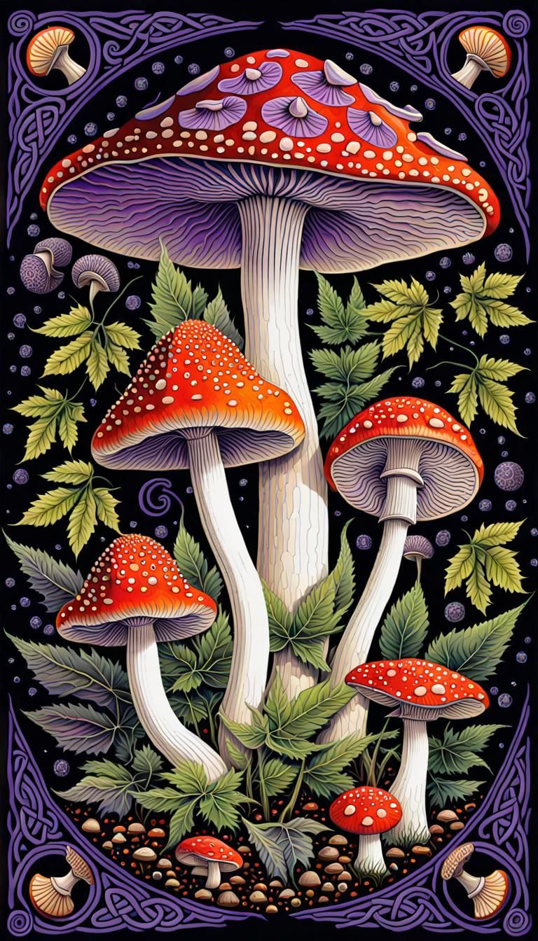 Detailed Mushroom Painting in Celtic Art Style