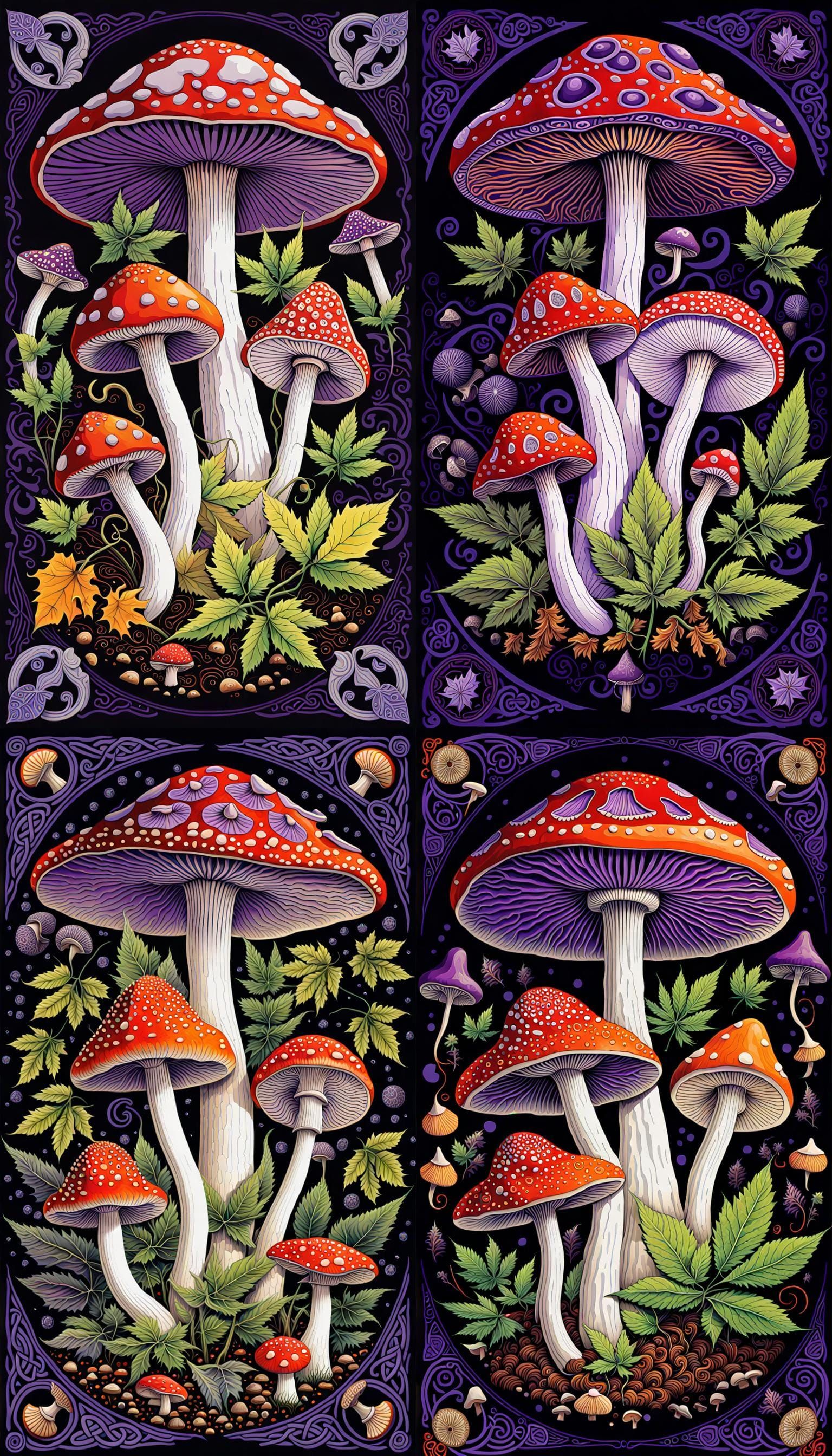 Detailed Mushroom Painting in Celtic and Art Nouveau Style