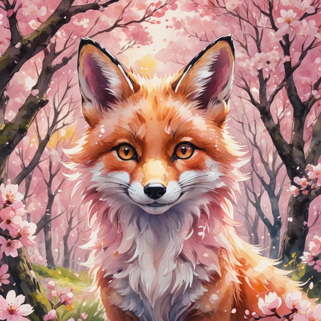 Smiling Fox in Cherry Blossom Forest: Anime Watercolor