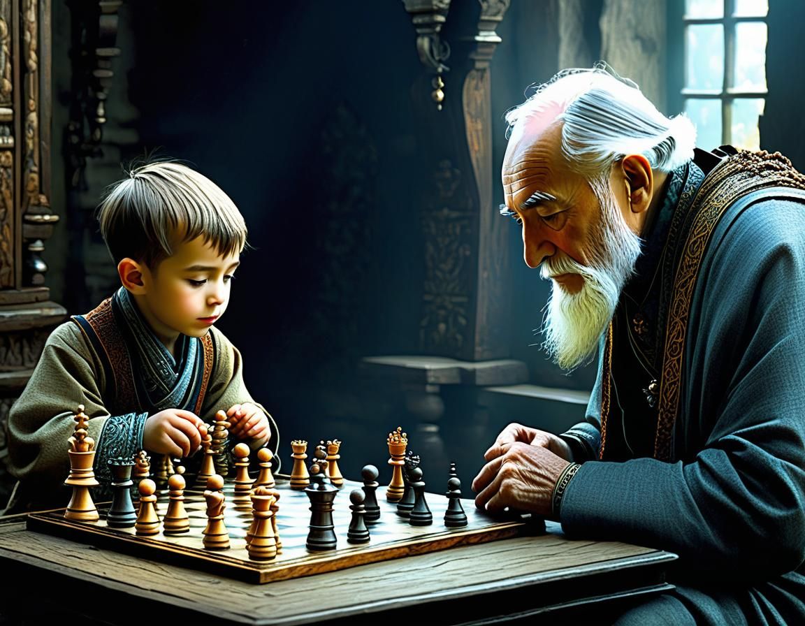 Grandfather and Grandson Play Chess, Expressive Illustration