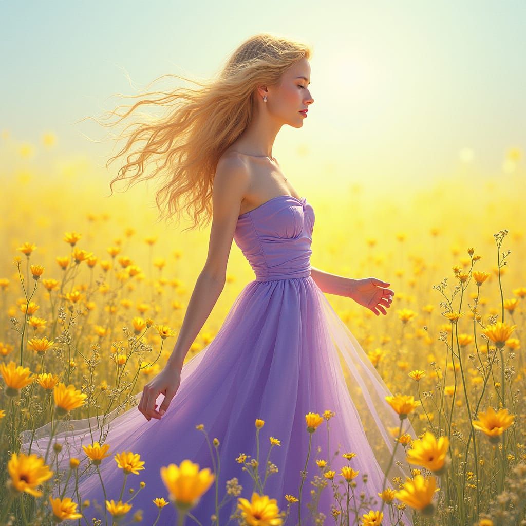 Blonde Woman in Floral Dress, Hyperrealistic Digital Art