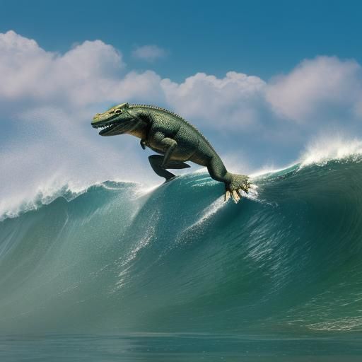 Komodo Dragon Surfing a Wave on Koa Surfboard