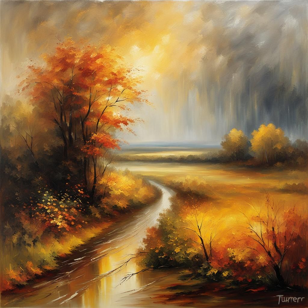 Gloomy Autumn Landscape Painting in Golden Hour