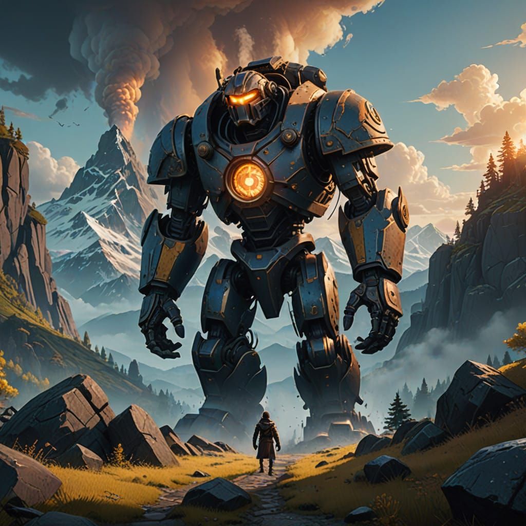 Epic Stone Golem Walks Majestically Beside Towering Mountain...