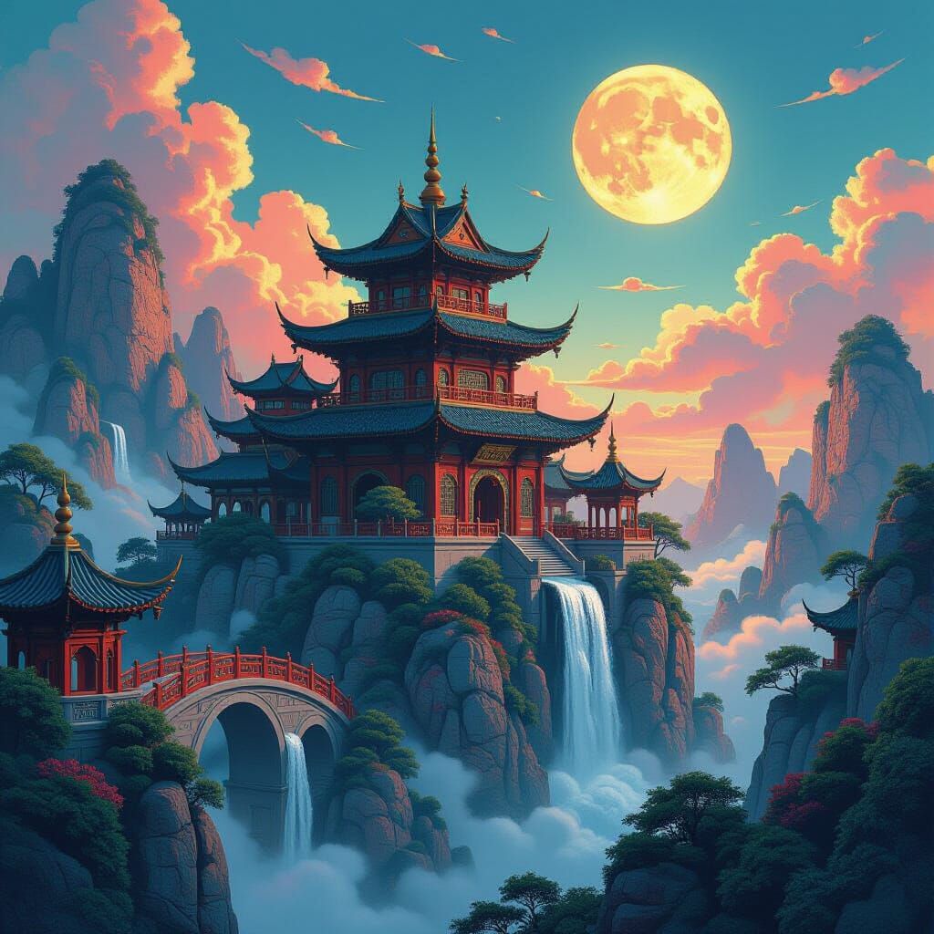 Fantastical Pagoda Landscape in Psychedelic Matte Painting S...