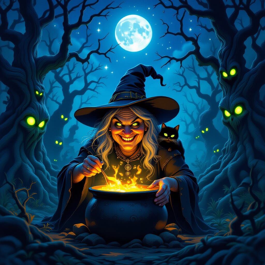 Ugly Witch and Familiar in Eerie Forest Under Starry Night