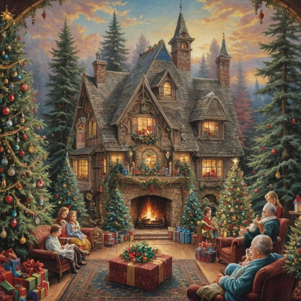 Victorian Christmas Tapestry with Lit Candles