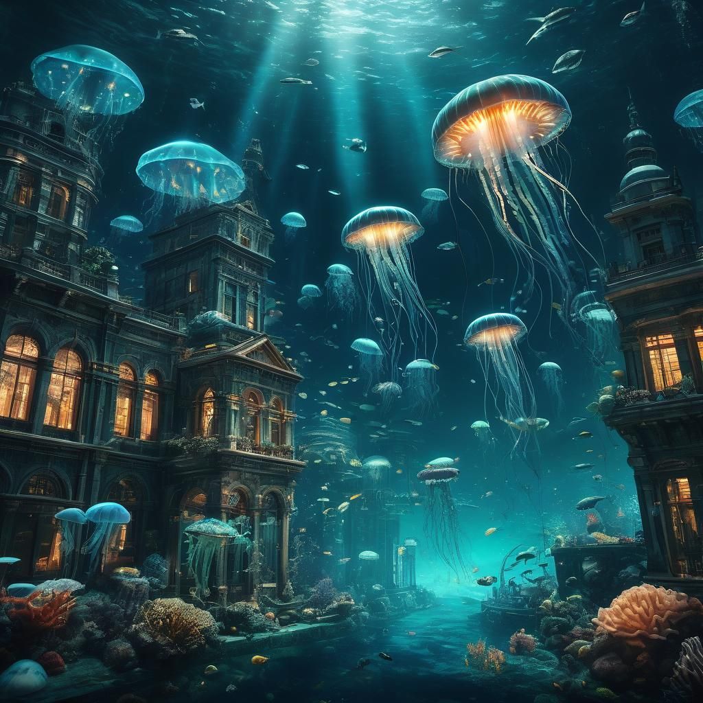 Glowing Underwater Cityscape with Bioluminescent Marine Life