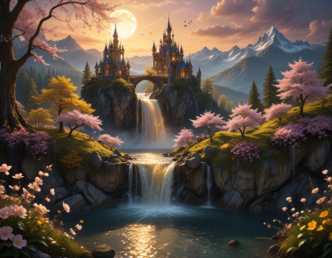 Magical Fairytale Waterfall Castle Landscape
