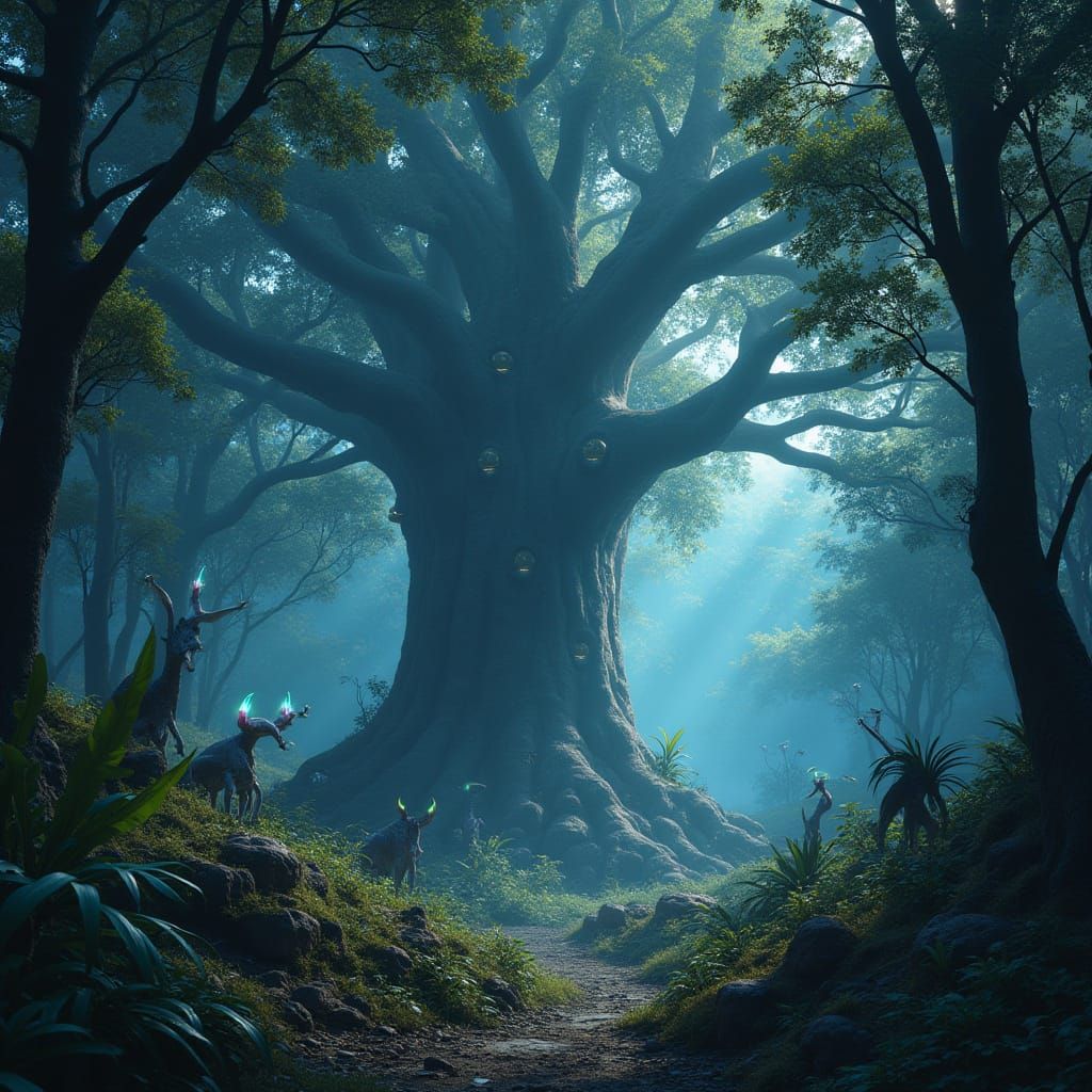 Bioluminescent Jungle with Glowing Flora and Fauna