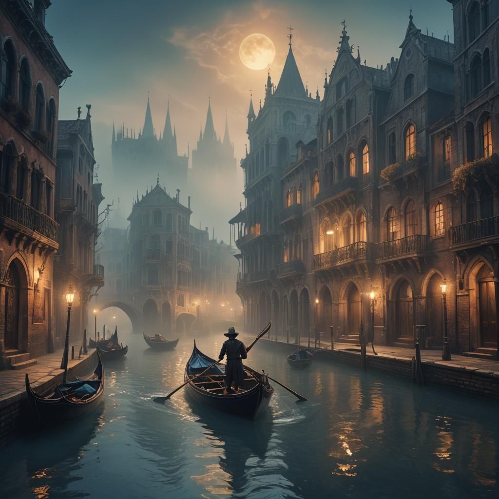 Gothic Gondolier in Misty Canals: Fantasy Art