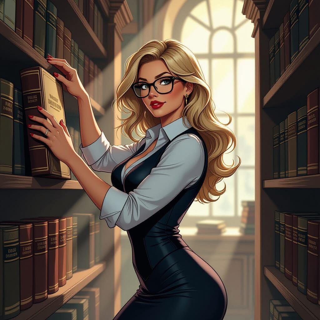 Beautiful Librarian Reaching for Book in Comic Art Style