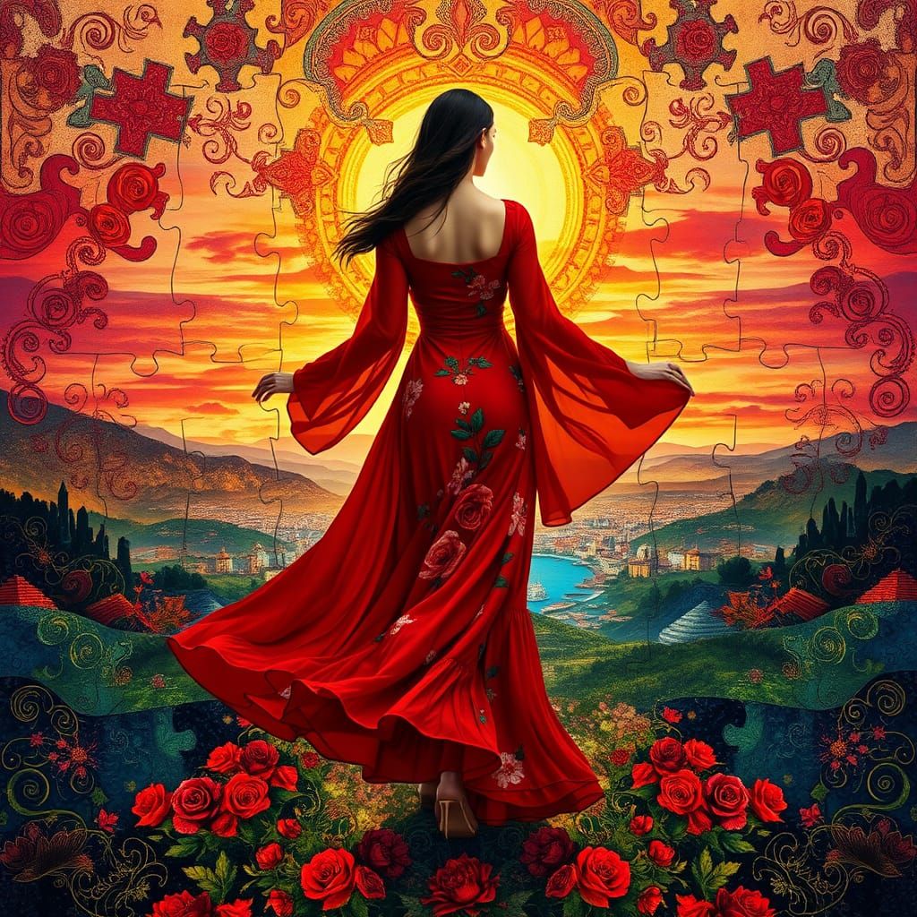 Woman in Jigsaw Landscape Blending Klimt, Rothko, Magritte