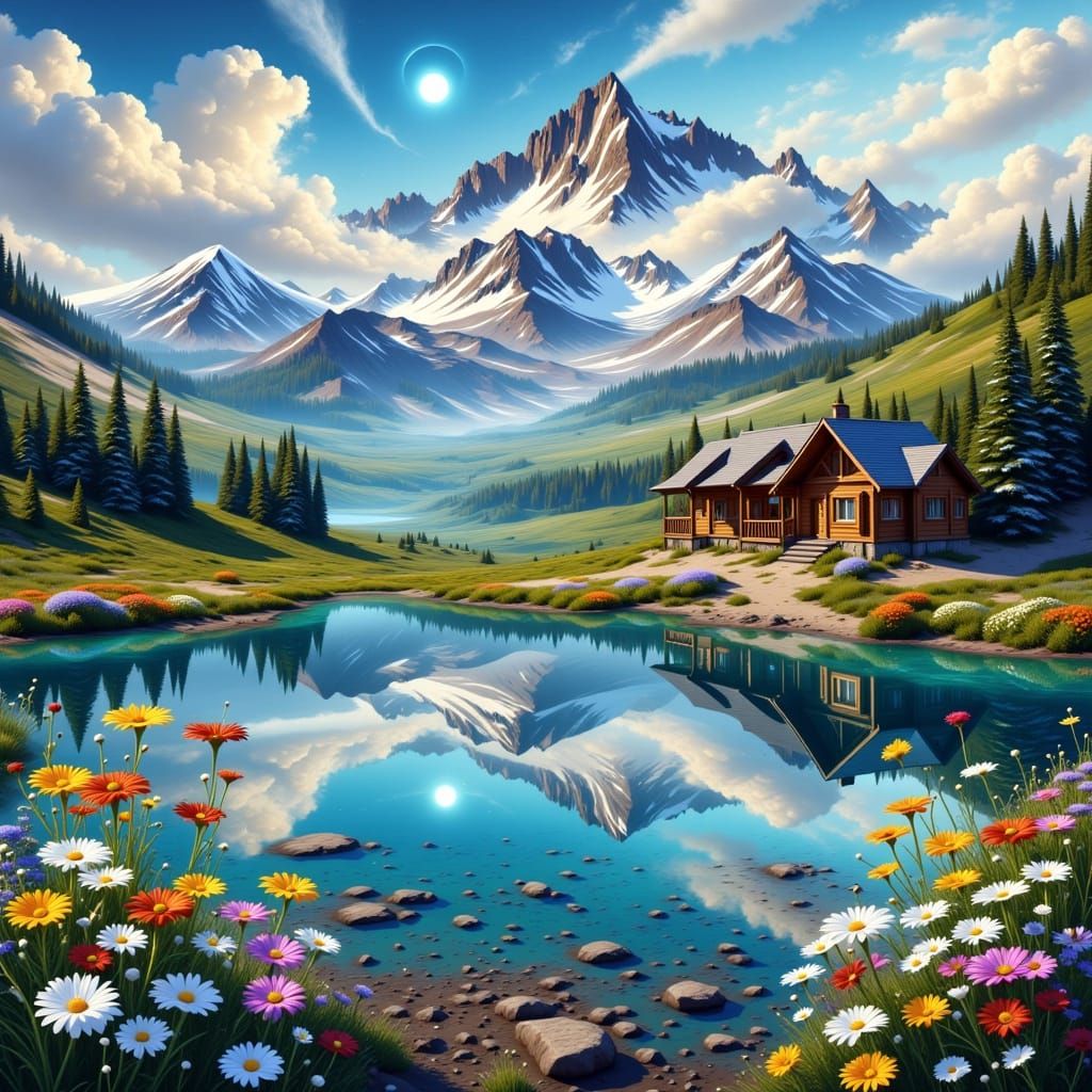 Golden Hour Mountain Lake Lodge Oil Painting