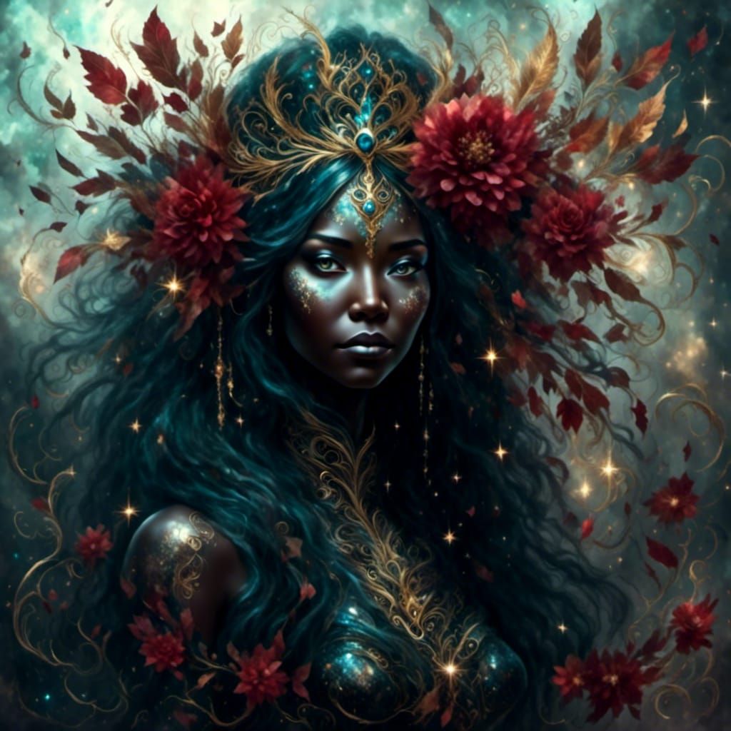 Dark Flower Goddess Portrait with Electrical Sparkles