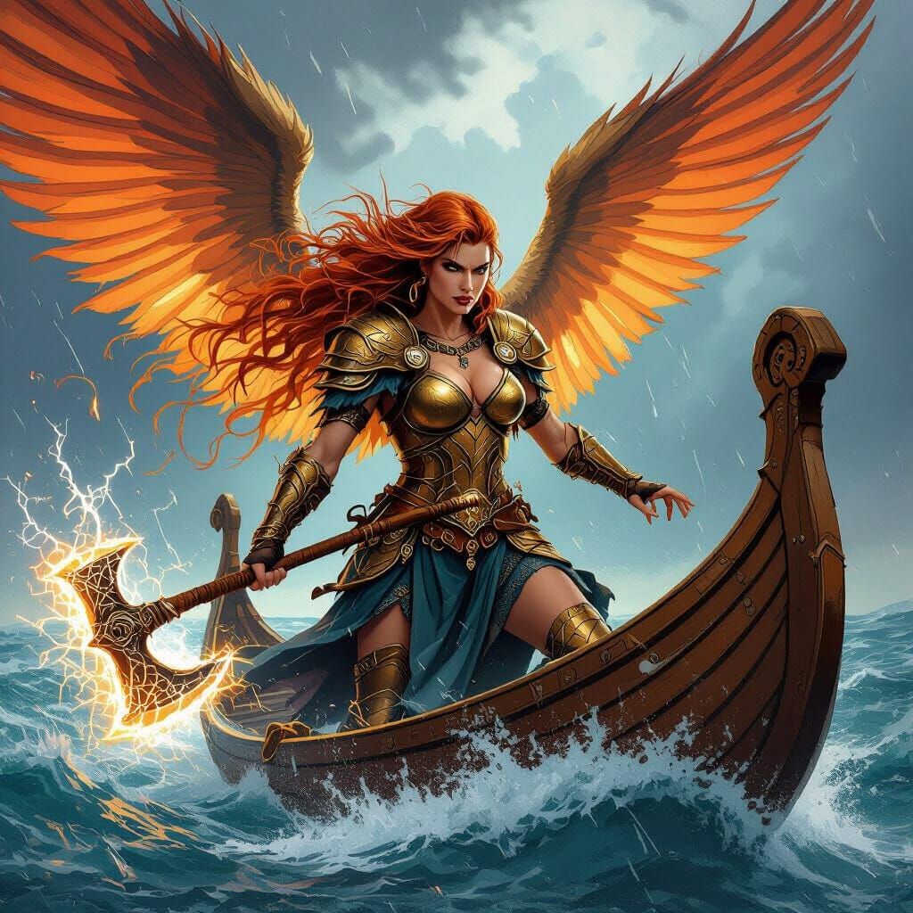 Valkyrie on Viking Longship in Graphic Novel Style