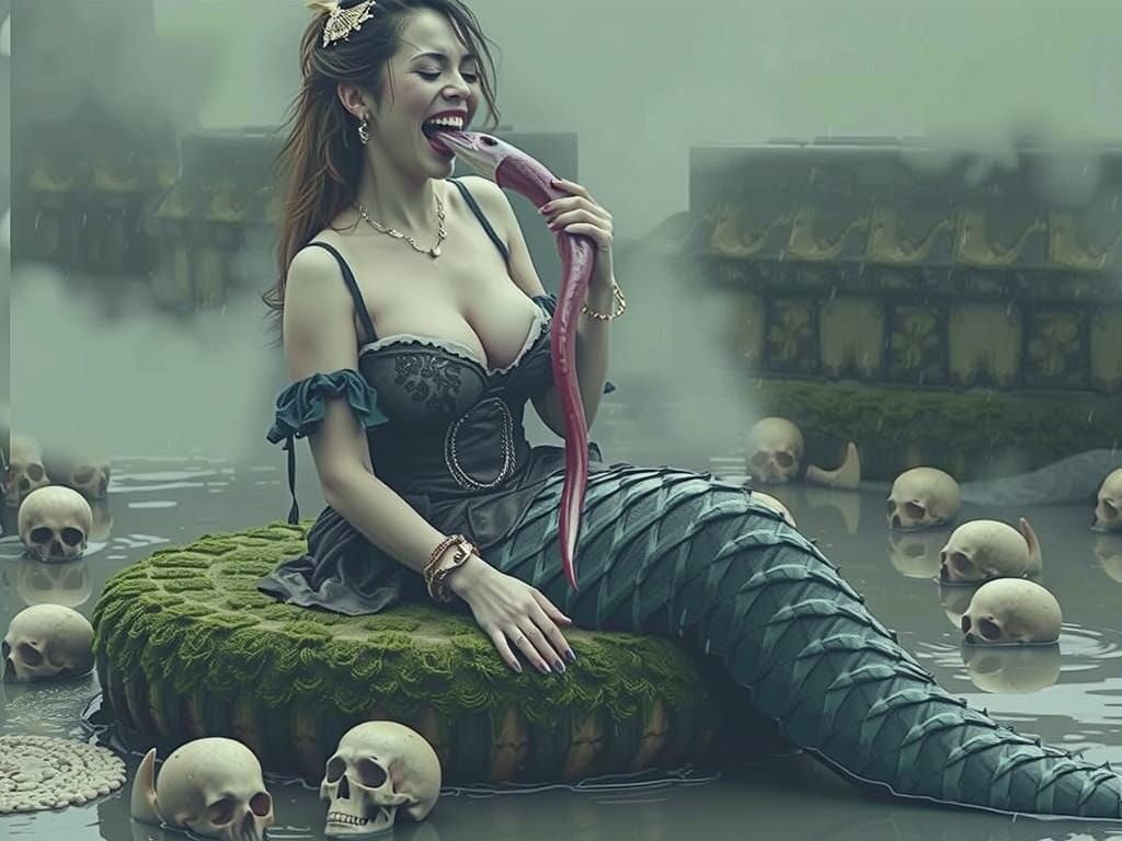 Dramatic Mermaid Devouring Eel in Dark Ocean
