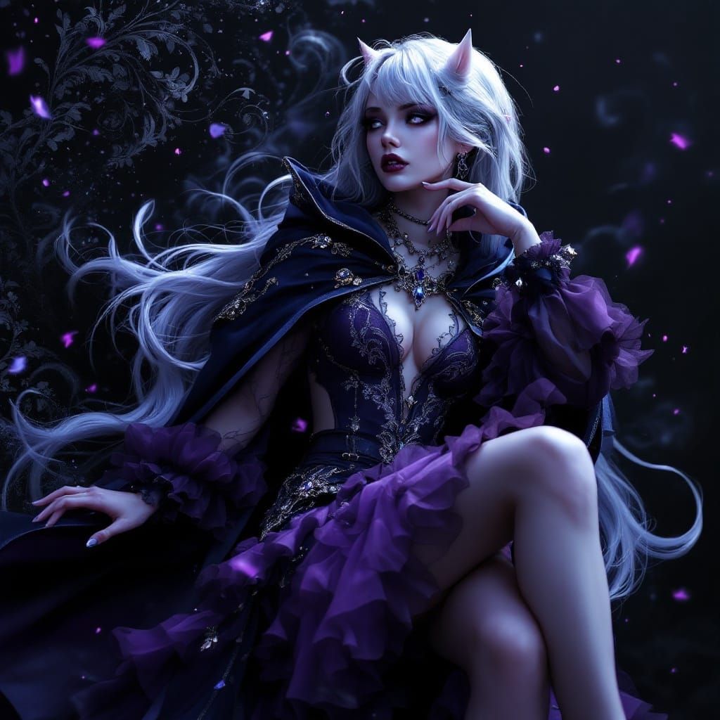 Gothic Fantasy Goddess with Intricate Purple Dress and Tatte...