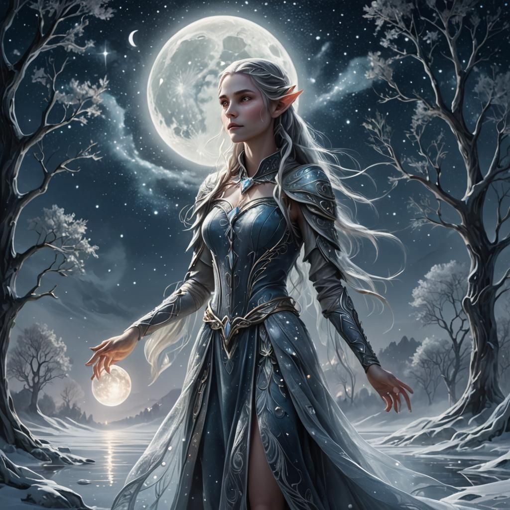 Celestial Elf in Icy Landscape Under Starry Sky