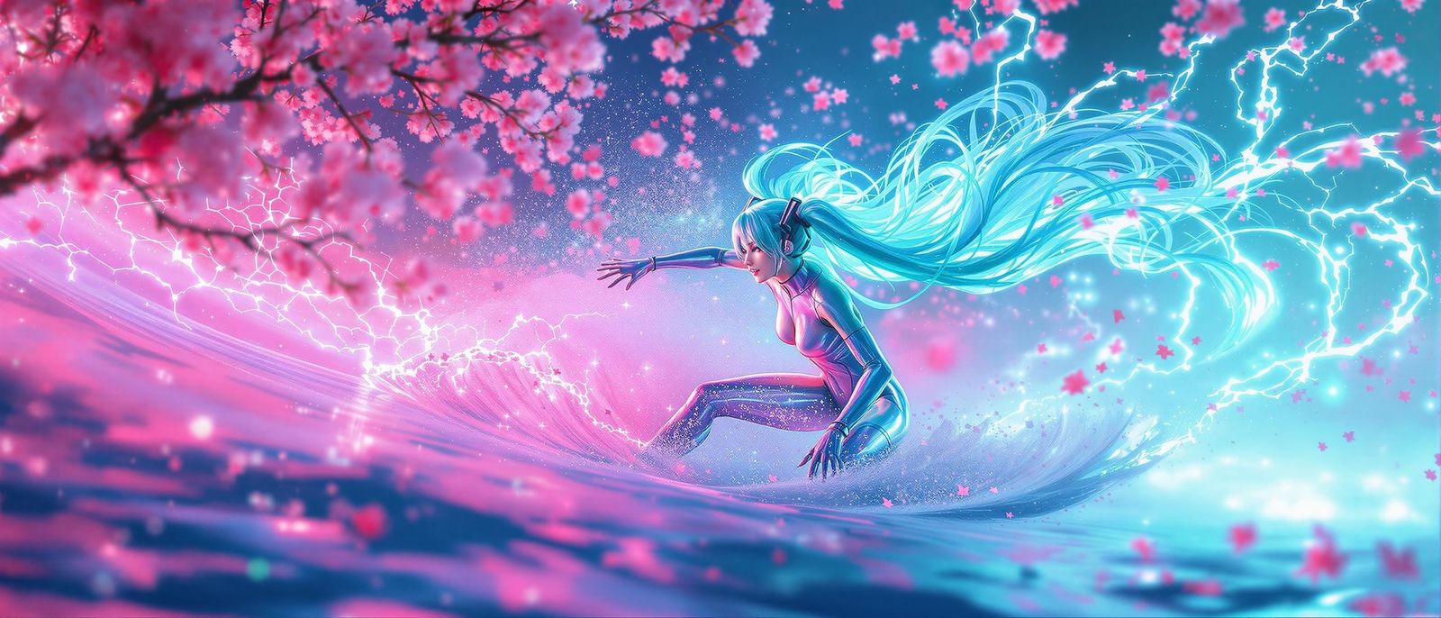 Vocaloid Idol Riding Neon Wave in Dreamy Landscape