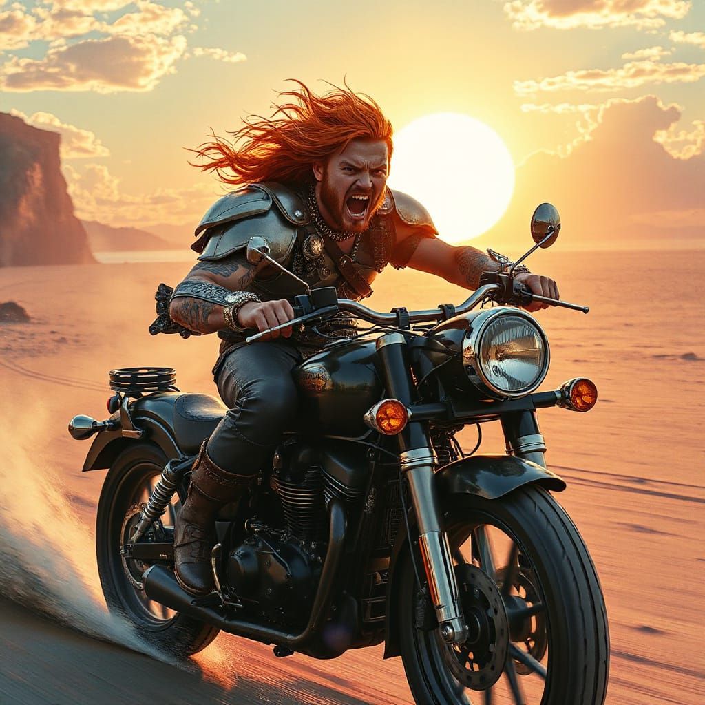 Barbarian Warrior on Steampunk Motorcycle, Anime Art