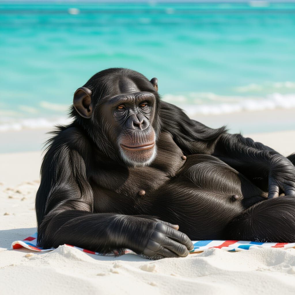 Chimpanzee Sunbathing on a Tropical Beach